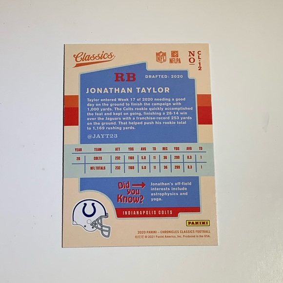 🏈 5/$50 2020 PANINI CHRONICLES CLASSICS #CL-12 JONATHAN TAYLOR TRADING CARD 🏈 - Picture 2 of 3